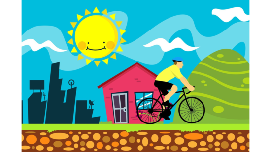 Zeichnung eines Fahrradfahrers vor einer Stadtsilhouette mit strahlender Sonne